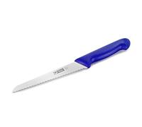 Coltello da forno in acciaio con lama ondulata su un lato, con manico in plastica blu, lama 18 cm