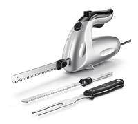 Coltello Elettrico Cucina 150W, per Pane e Carne, 2 Lame Inox, Argento | Coltello elettrico con lame seghettate intercambiabili e forchetta. Cavo 1.8m. Per affettare pane, arrosti e tacchino