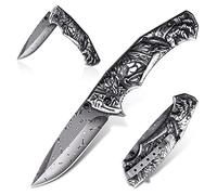 Coltello pieghevole con incisione in rilievo 3D Werewolf, Cool Knife Damascus Pattern Pocket Knife Camping Knife Outdoor, Regalo per gli uomini