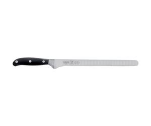 Coltello salmone Flessibile lama forgiata e alveolata che permette il passaggio dell'aria cm 26 in acciaio W.Nr.1.4116 , Forgiato manico nero , Manico in Resina Acetalica e rivetti inox nero