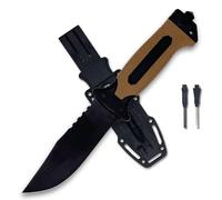 Coltello Sopravvivenza Lama Combinata 13cm Acciaio Inox, Manico Antiscivolo Marrone, Fodero ABS, Accendifuoco, Fischietto, Pietra Affilatrice e Rompivetro - Bushcraft, Camping, Trekking, Idea Regalo