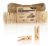 COM-FOUR® 120x mini mollette e 50m di corda di iuta - piccole mollette di legno per appendere immagini, collage, cartoline, foto e regali (120 pezzi - con nastro di juta - naturale)