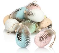 COM-FOUR® 12x Uova di Pasqua da appendere 7 x 4 cm - decorazione sospesa per il cespuglio di Pasqua - uova di Pasqua decorative color pastello con piume e perline di legno nell'aspetto di uova