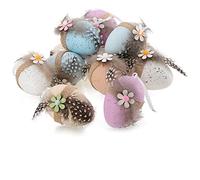COM-FOUR® 12x Uova di Pasqua da appendere 7 x 5 cm, con piume e fiore di legno - uova di Pasqua colorate in stile uovo di quaglia - gancio per il cespuglio di Pasqua in plastica