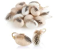 COM-FOUR® 18x Uova di Pasqua da Appendere - Decorazione Sospesa per Il Cespuglio di Pasqua 7 x 4 cm - Uova Decorative con Piume e Perline di Legno in Stile Uovo di Quaglia