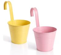 com-four® 2 vasi in metallo Ø 13,3 x 11,1 cm - mini secchi decorativi per piante - portavasi per erbe da appoggio o appendere per balcone e casa (2 pezzi - giallo/rosa)