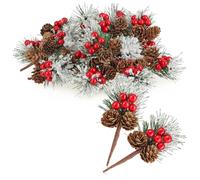 com-four® 20x rami decorativi con coni di larice, bacche rosse e aghi d'albero - granelli di Natale - rami decorativi per ghirlande e composizioni (6 pezzi - a scacchi rossi)