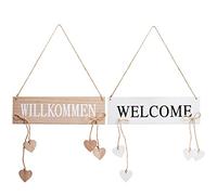 COM-FOUR® 2x Appendiabiti "Willkommen" e "Welcome" con cuori pendenti - cartelli per porte in legno da appendere - appendini per la primavera, la Pasqua e l'estate (02 pezzi - bianco)