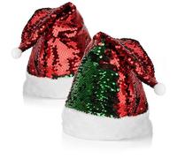 com-four® 2x Cappello da Babbo Natale con paillettes reversibili - Cappello da Babbo Natale rosso-verde con pompon - Cappello lucido con bordo in peluche (02 pezzi - paillettes reversibili)