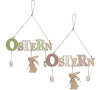 COM-FOUR® 2x Cartello per porta "Pasqua" - Scritta decorativa in legno per Pasqua - Decorazione pasquale con conigli e uova di Pasqua (verde/rosa - 2 pezzi)