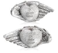 com-four® 2x decorazione cimiteriale cuore con iscrizione su ali - ornamento da esterno resistente alle intemperie - pietra commemorativa a forma di cuore su ali d’angelo (2 pezzi - cuore/ala)