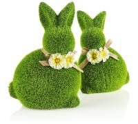 COM-FOUR® 2x figura decorativa - Coniglietto pasquale con fiocco e fiori - figura di coniglietto in ceramica per la primavera - coppia di conigli ricoperti di erba artificiale (2 coniglietti da 20 cm)
