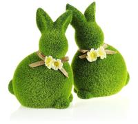 com-four® 2x Figura Decorativa - Coniglietto Pasquale con Fiocco e Fiori - Figura di Coniglio in Ceramica per la Primavera - Coppia di Conigli Ricoperti di Erba Artificiale (2 conigli - 23 cm)