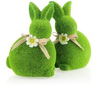 com-four® 2x Figura Decorativa - Coniglietto Pasquale con Fiocco e Fiori - Figura di Coniglio in Ceramica per la Primavera - Coppia di Conigli Ricoperti di Erba Artificiale (02 coniglietti-20 cm)
