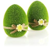 com-four® 2X Figure Decorative - Uovo di Pasqua con Fiocco e Fiori - Figure Decorative Verdi per la Primavera - Uova in Ceramica ricoperte di Erba Artificiale (2 Uova - 15 cm)