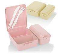 com-four® 2x lunch box con due scomparti separati, box per salumi, lunch box per gli spostamenti, con posate, coltello e forchetta nel coperchio (2 pezzi - beige rosa)