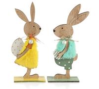 com-four® 2x Supporti Decorativi per Pasqua - Coppia di Coniglietti Pasquali con Uova di Pasqua - Coniglietti Pasquali da Stare in Piedi - Decorazione Pasquale in Legno (2 pezzi - giallo/blu)