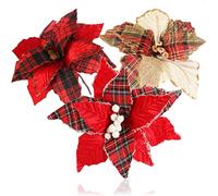 com-four® 3x composizioni decorative, fiori artificiali come fantastiche decorazioni natalizie, bellissime decorazioni per la stanza, anche per ghirlande e composizioni floreali (a scacchi rossi)