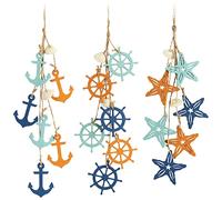 COM-FOUR® 3x Decorazione da appendere marittima - decorazione stella marina, ancora e timone in legno con conchiglie - decorazione stile mare (3 pezzi - 38 cm)