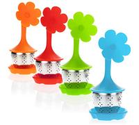 COM-FOUR® 4x infusore da tè in acciaio inox e silicone - colino da tè con coperchio e piattino - filtro da tè - lavabile in lavastoviglie (04 pezzi - fiore)