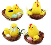 com-four® 4x Nidi di Pasqua con gallina e pulcino - decorazione di Pasqua - mini nido di uccello - decorazioni pasquali con pulcino e uova di Pasqua (04 pezzi - nido con gallina + pulcino)