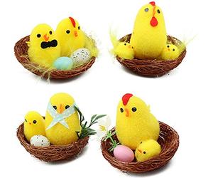 com-four® 4x Nidi di Pasqua con gallina e pulcino - decorazione di Pasqua - mini nido di uccello - decorazioni pasquali con pulcino e uova di Pasqua (04 pezzi - nido con gallina + pulcino)