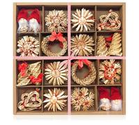 COM-FOUR® 56 pezzi Set di stelle di paglia da, stelle, campanelle | abeti e figure tradizionali come decorazioni per l'albero di Natale - piccoli pendenti di paglia - arazzi naturali