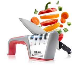 COM-FOUR® Affilacoltelli Premium con 4 livelli, adatto anche per forbici - affilacoltelli manuale professionale con pratico manico e rivestimento antiscivolo (1 pezzo - color argento. Grigio. rosso)