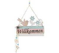 COM-FOUR® cartello per porta "Willkommen" - cartello decorativo a molla in legno con cordino da appendere - cartello decorativo pasquale per la porta d'ingresso (01 pezzo - uccello e fiore)