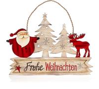 COM-FOUR® Decorazione da appendere di Natale - scritte in legno con Babbo Natale e alce - Cartello di legno di Natale per porta, finestra o muro