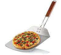 COM-FOUR® Pala pizza in acciaio inox 430 - alza pizza e torta con manico in legno - pala pizza da forno anche per panini e pane - manico pieghevole (argento/marrone - angolare)
