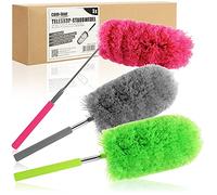 COM-FOUR® Set 3 piumini in ciniglia con manico telescopico, testa flessibile, colori moderni - spolverino estensibile