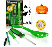 COM-FOUR® Set da 14 pezzi per intagliare la zucca per Halloween - Strumenti da taglio per svuotare le zucche - coltello, cucchiaio, penna, stencil e luce a LED