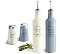 COM-FOUR® Set da Cucina da 4 Pezzi in Vetro - Bottiglia per Olio e Aceto con Versatore in Acciaio Inox, Sportello, Tubo di Ventilazione - Saliera e Pepiera (4 pezzi - bottiglie + shaker)