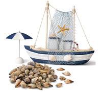 com-four® Set Decorativo Marittimo 3 Pezzi con Barca a Vela, ombrellone e Conchiglie - Decorazione da Tavolo Stile casa al Mare - Tema Nautico (3 Pezzi Barca a Vela/ombrellone/Conchiglie)