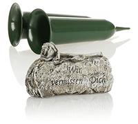 com-four® Set di 3 decorazioni funebri - Pietra commemorativa Wir Vermissen Dich con vaso funerario - Vaso cimitero con picchetto - Pietra di lutto con rosa (1 pezzo - rosa con 2 vaso)