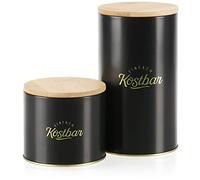 com-four® Set di barattoli da 2 pezzi con coperchio in bambù - scatola di metallo per alimenti - organizzatore per la cucina - contenitore di metallo con scritte (02 pezzi - colore nero/oro)
