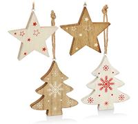COM-FOUR® set di decorazioni da appendere 4 pezzi - appendini in legno a forma di stella e abete - decorazioni per Natale [la selezione varia] (13cm)