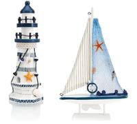com-four® Set di Decorazioni marittime da 2 Pezzi - Veliero Decorativo in Legno e Faro per un'atmosfera Marittima nella Tua casa (02 Pezzi - Veliero + Faro Blu)