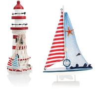 com-four® Set di Decorazioni marittime da 2 Pezzi - Veliero Decorativo in Legno e Faro per un'atmosfera Marittima nella Tua casa (02 Pezzi - Veliero + Faro Blu/Rosso)