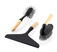 COM-FOUR® set di pulizia in 3 parti - spazzola per le mani, spazzola per piatti e tergivetro - set di pulizia perfetto per la pulizia in bambù e plastica robusta per la casa (03 pezzi nero/bambù)