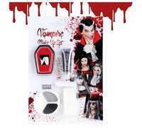 COM-FOUR® set trucco Halloween da 5 pezzi - accessori per costume da vampiro con denti da vampiro, sangue finto, spugna, perline adesive e tavolozza per il trucco