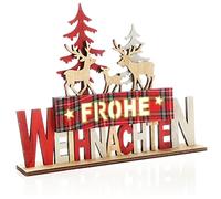 com-four® Supporto Decorativo a LED in Legno - Scritta illuminata su Base in Legno - Scritta Decorativa da posare per Natale - Luce d'atmosfera con Timer (Rosso + Foresta)