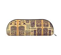 COMAAM Aloha Tiki - Astuccio in pelle a forma di mezza tonda, per penne e matite, grande capacità, adatto per riporre penne e cosmetici, Motivo Aloha Tiki, Taglia unica, Astuccio portamatite