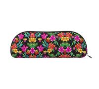 COMAAM Aloha Tiki - Astuccio in pelle a forma di mezza tonda, per penne e matite, grande capacità, adatto per riporre penne e cosmetici, Fiore hawaiano, Taglia unica, Astuccio portamatite