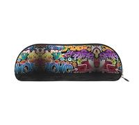 COMAAM Astuccio a righe in pelle nera e bianca, mezza rotonda, grande capacità, adatto per riporre penne e cosmetici, Graffiti Hip Hop, Taglia unica, Astuccio portamatite