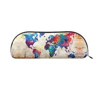 COMAAM Astuccio in pelle semicircolare con foglie tropicali, grande capacità, adatto per riporre penne e cosmetici, Mappa del mondo astratta, Taglia unica, Astuccio portamatite