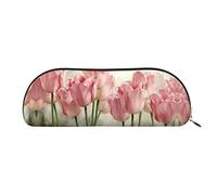 COMAAM Borsa portaoggetti mezza rotonda in pelle con motivo a strisce di cavallo, grande capacità, adatta per riporre penne e cosmetici, Tulipani rosa., Taglia unica, Astuccio portamatite