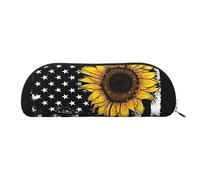 COMAAM Simpatico astuccio in pelle Pomerania, semicircolare, grande capacità, adatto per riporre penne e cosmetici, Girasole e bandiera americana, Taglia unica, Astuccio portamatite