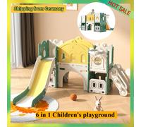 Comanlai 6 in 1 parco giochi per bambini con scivolo, arrampicata, gioco di perforazione, spazio di archiviazione, canestro da basket giocattolo combinato castello, HDPE Yellow Green